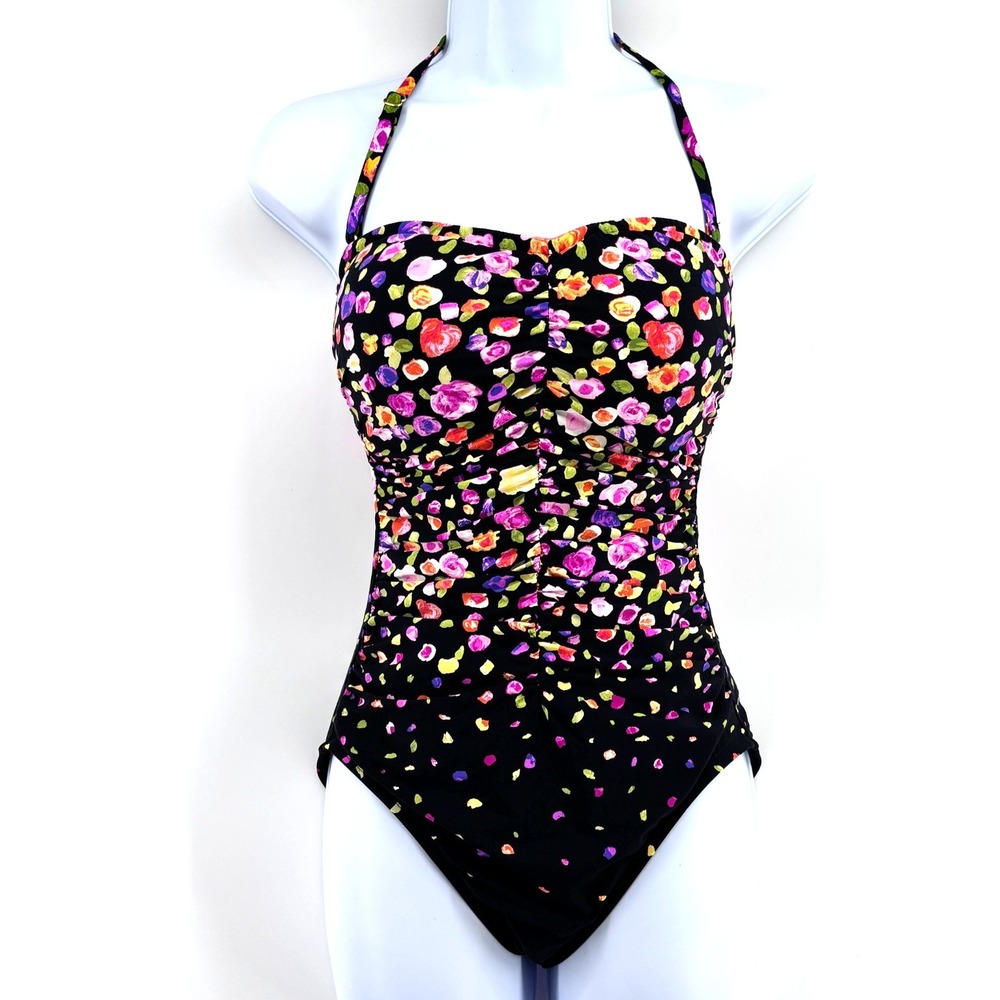 Anne Cole Signature Womens Sz 10 One Piece Swimsuit Floral Ruched Bandeau Halter